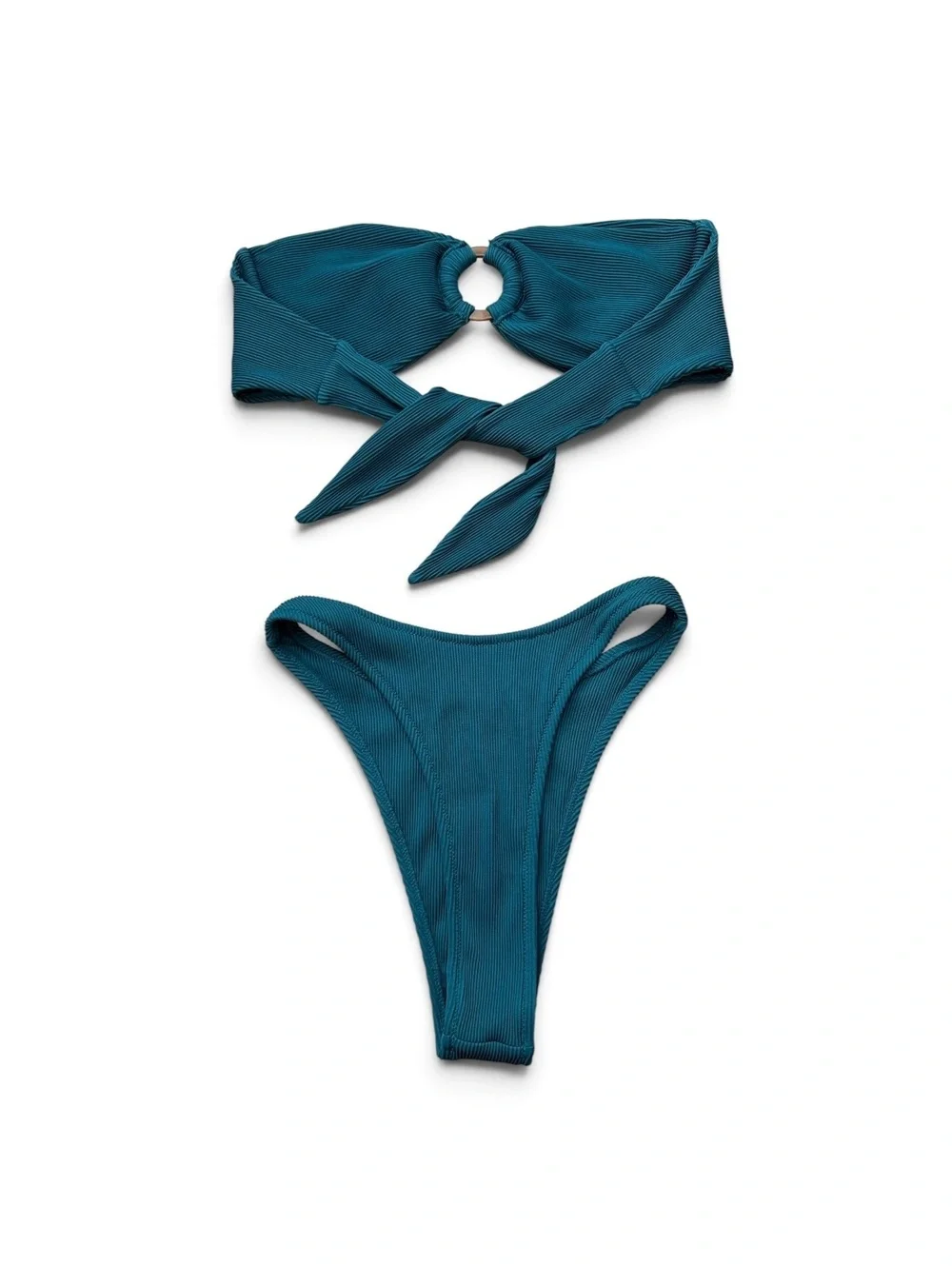 Kulani Kinis Teal Ribbed Ring Bandeau Bikini Size L